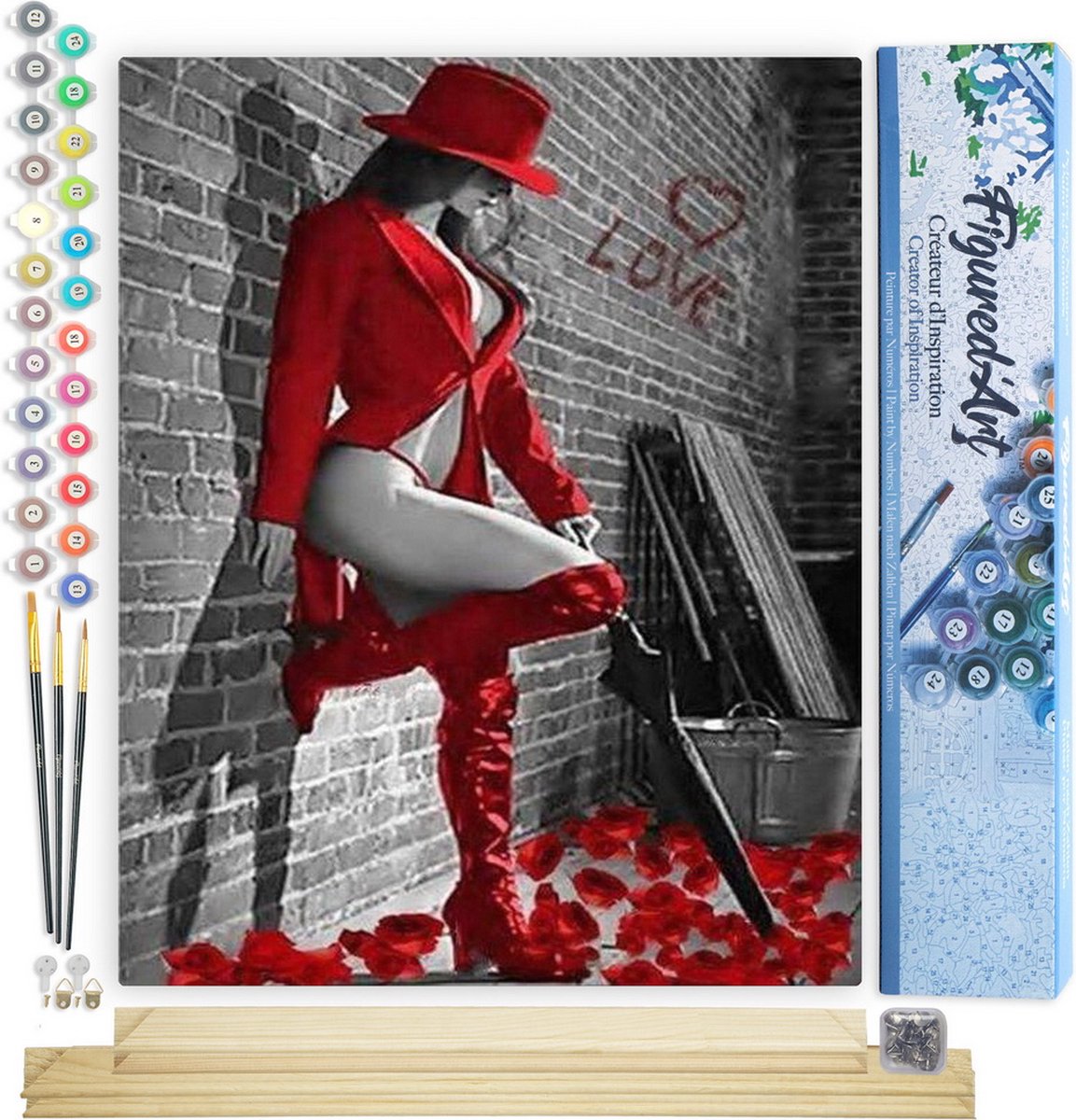 FiguredArt Schilderen op Nummer Volwassenen canvas Vrouw met rode leren laarzen - Handwerk acrylverf Kit DIY Compleet - 40x50cm met DIY houten lijst